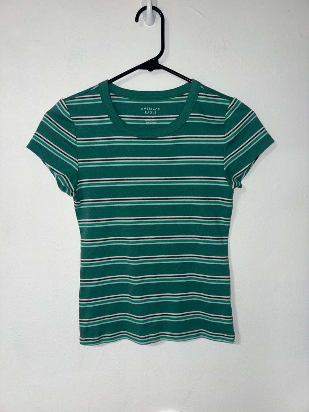 American Eagle Green Striped Ribbed Short Sleeve T-Shirt